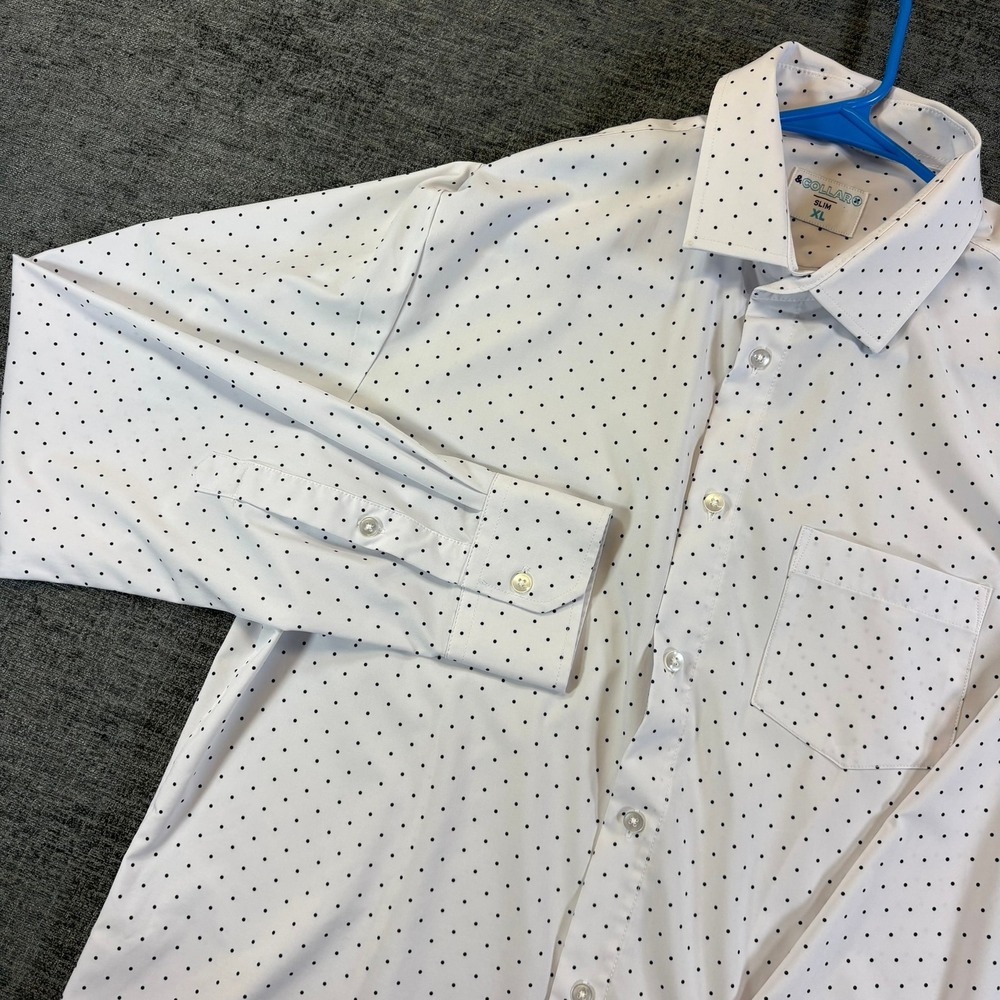 &Collar Performance Dress Shirt Mens XL White Polka Dot Slim Fit Stretch Shirt